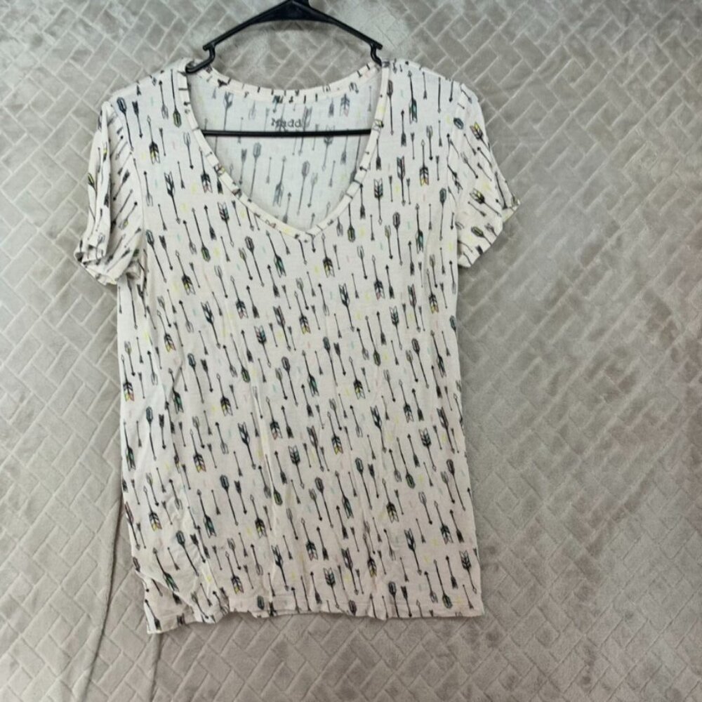 Mudd Womens Medium T-Shirt White All Over Print V Neck Thin Burn Out Material